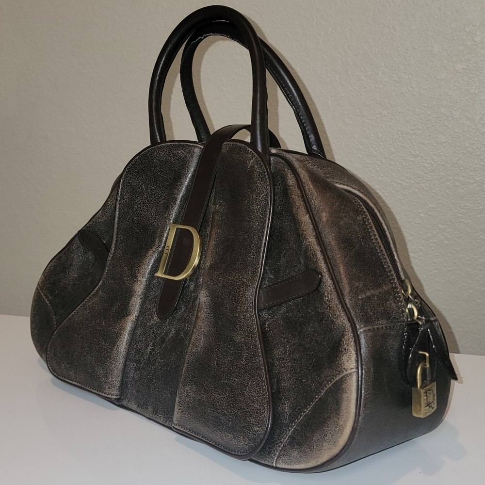 Dior galliano saddle bowling bowler bag in distressed aged brown leather